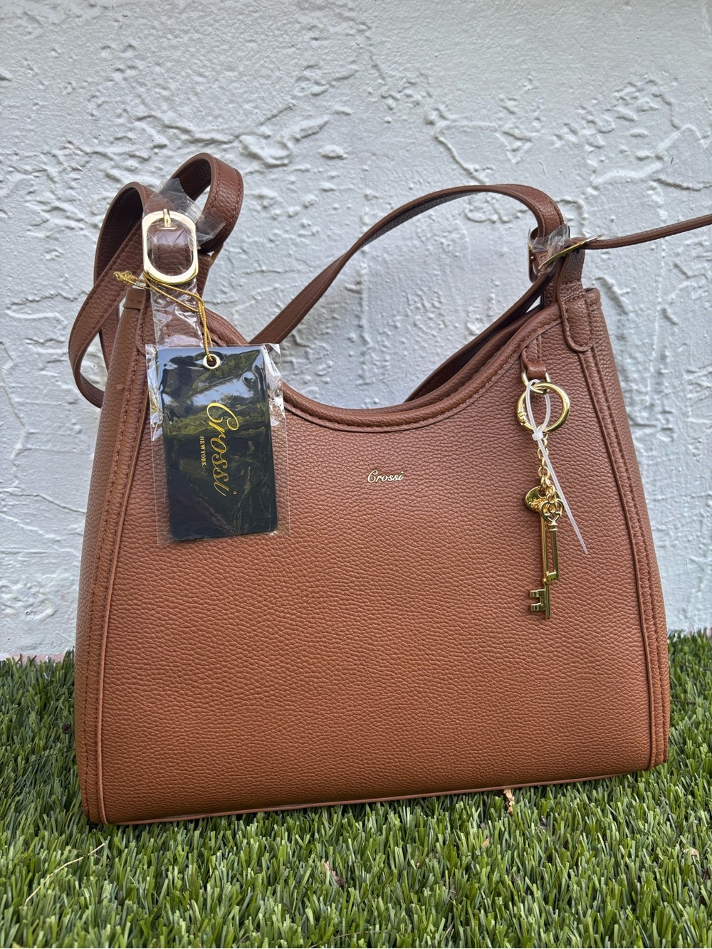Grossi New York Brown Pebbled Shoulder Bag NWT Gold Key Charm